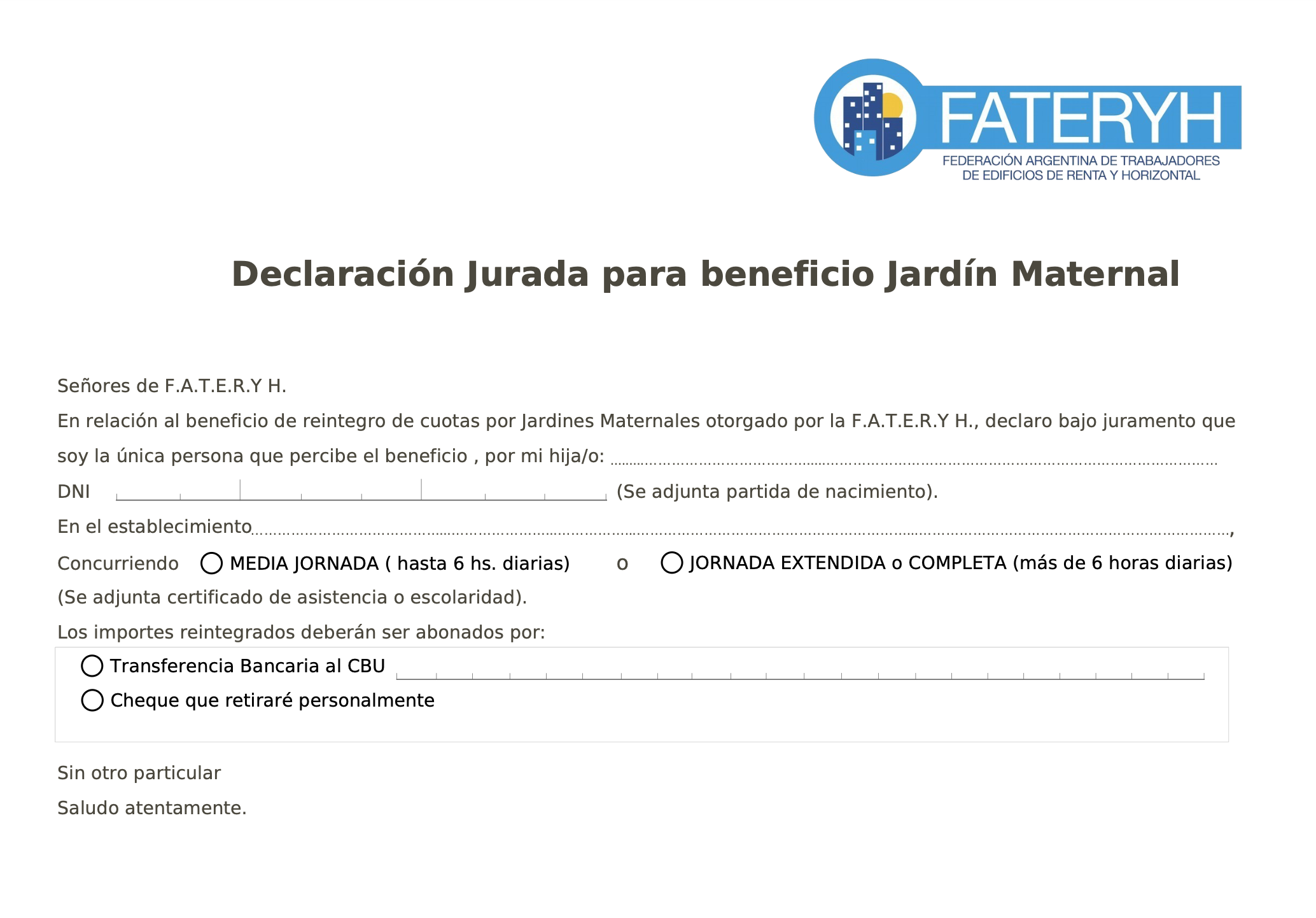 Declaración Jurada Jardines Maternales
